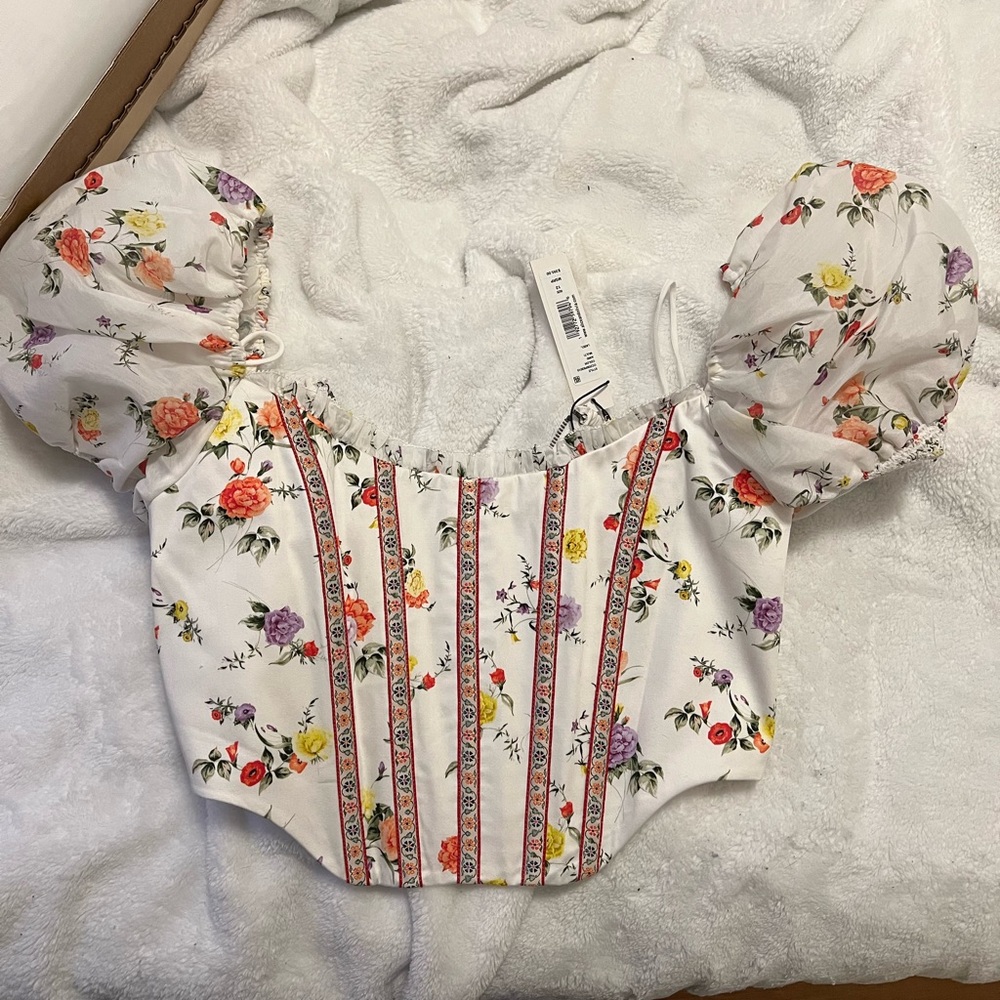 Alice + Olivia Audie Floral Puff-Sleeve Corset Top NWT